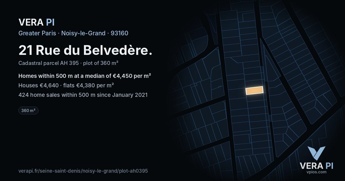21 Rue du Belvedère, Noisy-le-Grand at night – the plot lit, the parcels around coloured by the prices near them
