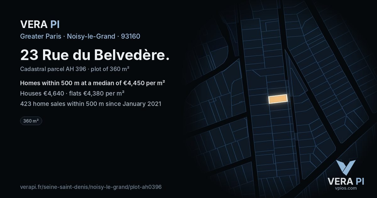 23 Rue du Belvedère, Noisy-le-Grand at night – the plot lit, the parcels around coloured by the prices near them