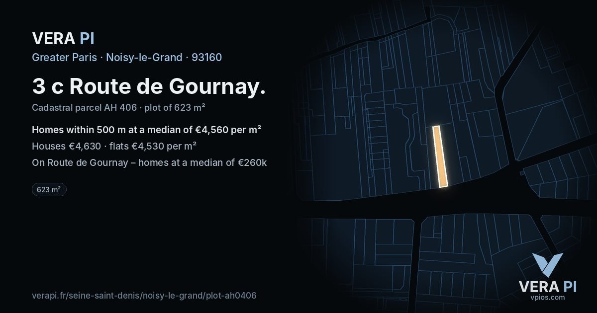 3 c Route de Gournay, Noisy-le-Grand at night – the plot lit, the parcels around coloured by the prices near them