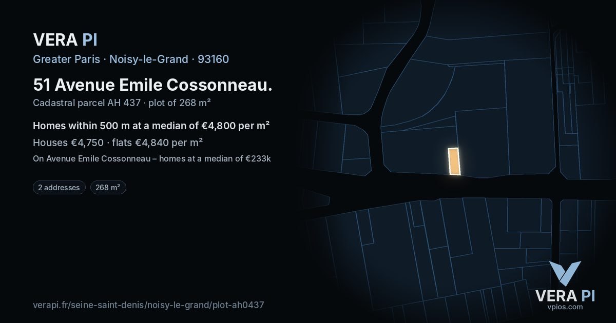 51 Avenue Emile Cossonneau, Noisy-le-Grand at night – the plot lit, the parcels around coloured by the prices near them