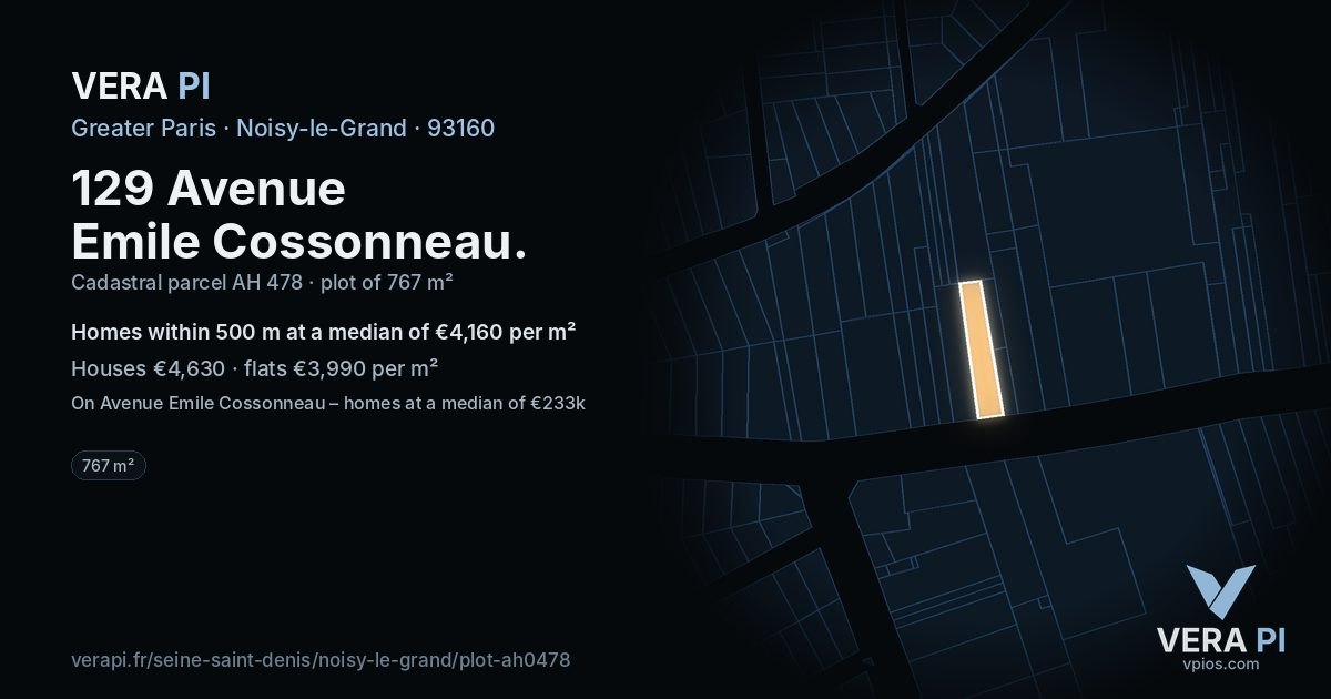 129 Avenue Emile Cossonneau, Noisy-le-Grand at night – the plot lit, the parcels around coloured by the prices near them
