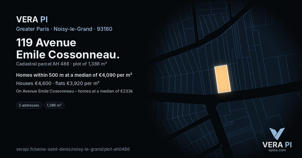119 Avenue Emile Cossonneau, Noisy-le-Grand at night – the plot lit, the parcels around coloured by the prices near them
