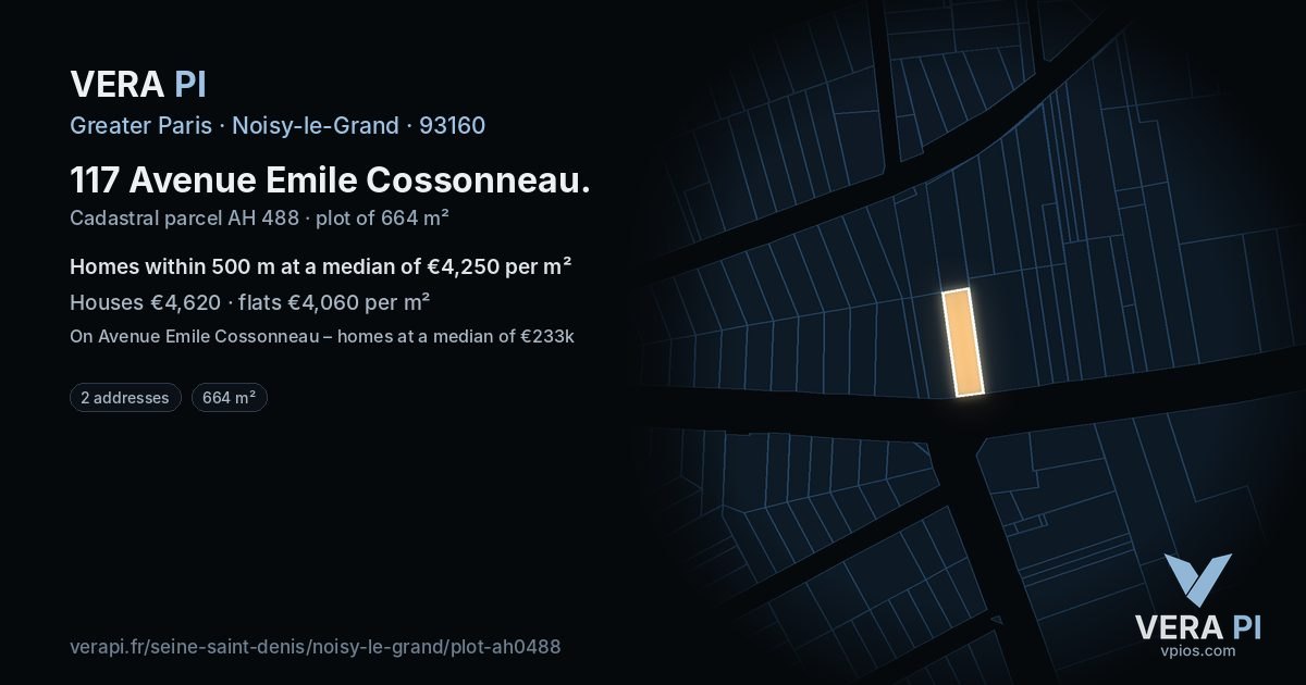 117 Avenue Emile Cossonneau, Noisy-le-Grand at night – the plot lit, the parcels around coloured by the prices near them