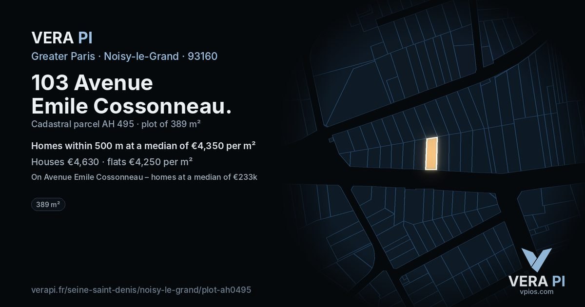 103 Avenue Emile Cossonneau, Noisy-le-Grand at night – the plot lit, the parcels around coloured by the prices near them