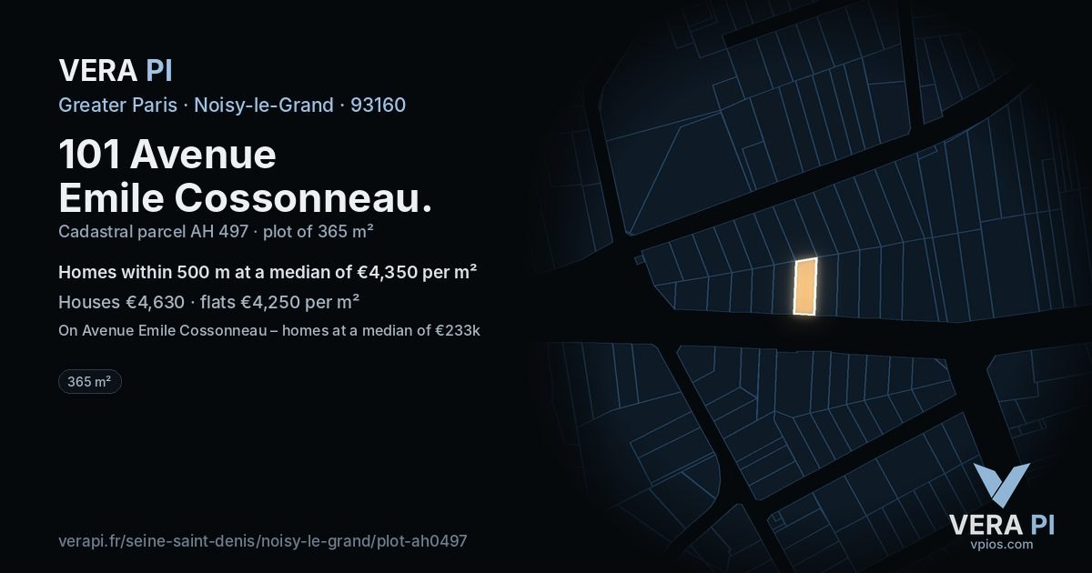 101 Avenue Emile Cossonneau, Noisy-le-Grand at night – the plot lit, the parcels around coloured by the prices near them