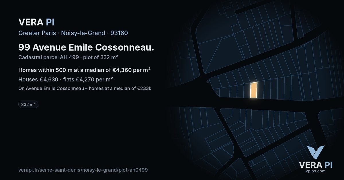 99 Avenue Emile Cossonneau, Noisy-le-Grand at night – the plot lit, the parcels around coloured by the prices near them