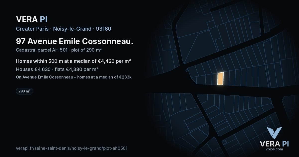 97 Avenue Emile Cossonneau, Noisy-le-Grand at night – the plot lit, the parcels around coloured by the prices near them