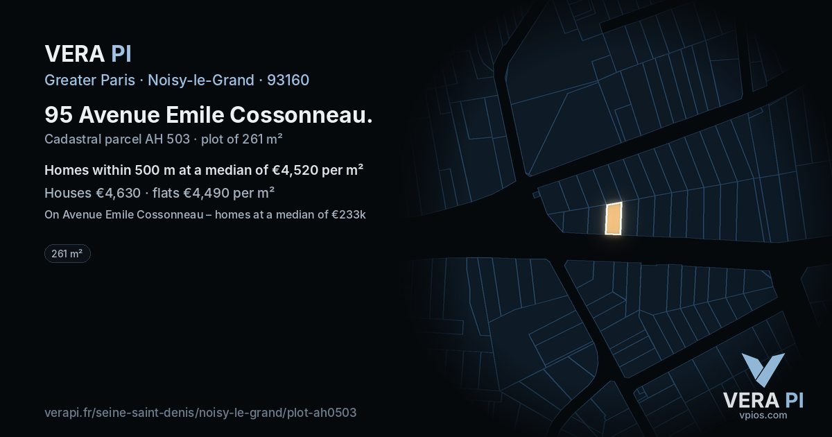 95 Avenue Emile Cossonneau, Noisy-le-Grand at night – the plot lit, the parcels around coloured by the prices near them