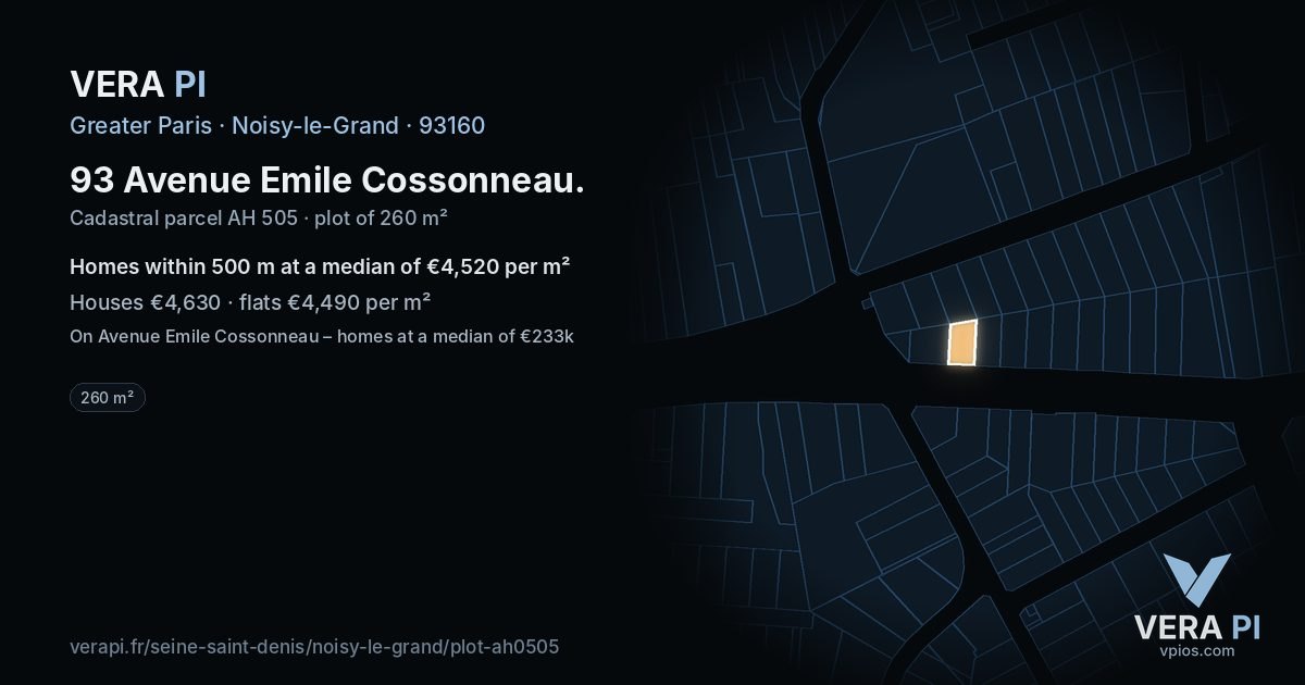 93 Avenue Emile Cossonneau, Noisy-le-Grand at night – the plot lit, the parcels around coloured by the prices near them