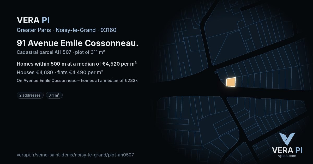 91 Avenue Emile Cossonneau, Noisy-le-Grand at night – the plot lit, the parcels around coloured by the prices near them