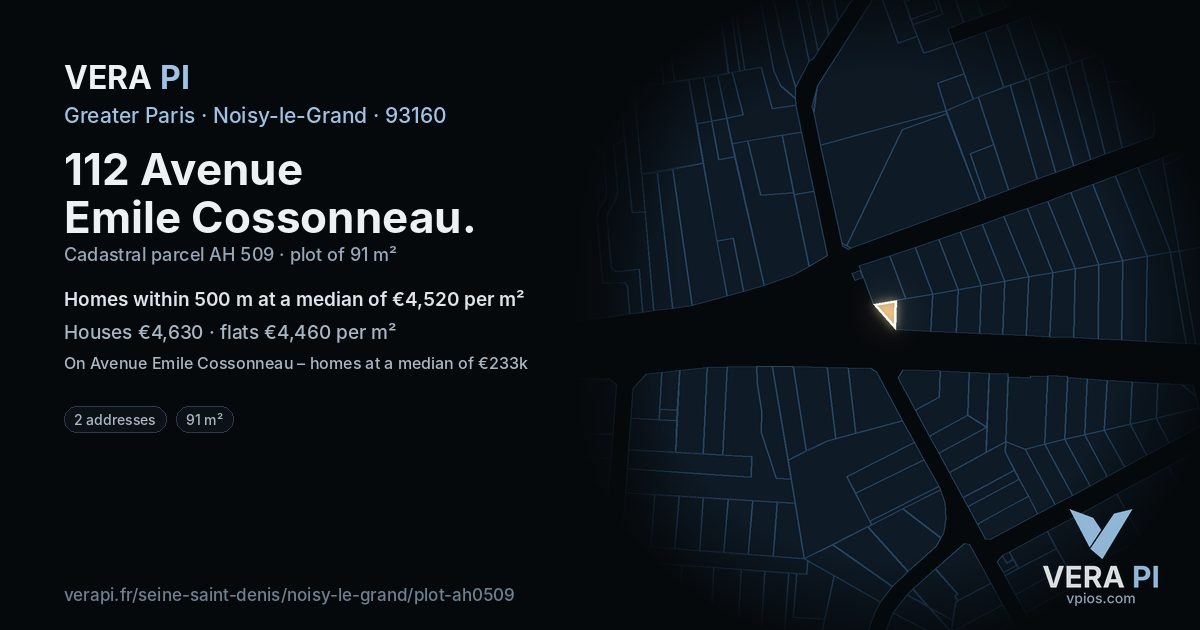 112 Avenue Emile Cossonneau, Noisy-le-Grand at night – the plot lit, the parcels around coloured by the prices near them