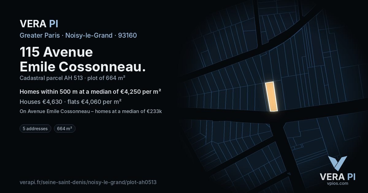 115 Avenue Emile Cossonneau, Noisy-le-Grand at night – the plot lit, the parcels around coloured by the prices near them