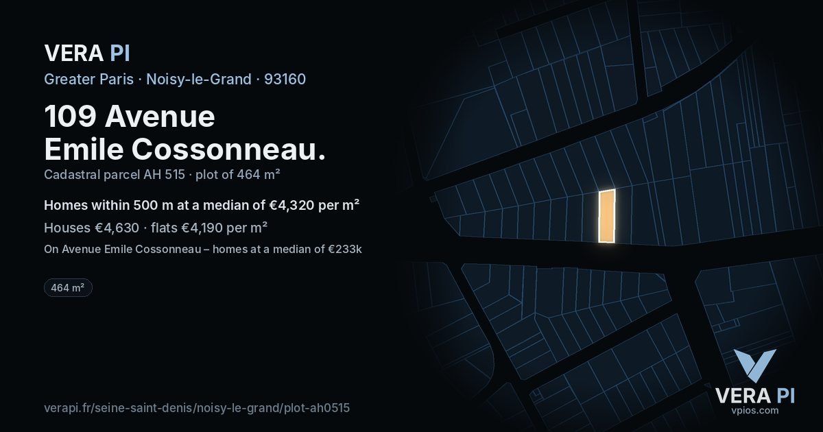 109 Avenue Emile Cossonneau, Noisy-le-Grand at night – the plot lit, the parcels around coloured by the prices near them