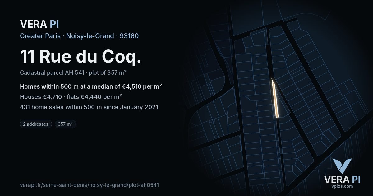 11 Rue du Coq, Noisy-le-Grand at night – the plot lit, the parcels around coloured by the prices near them