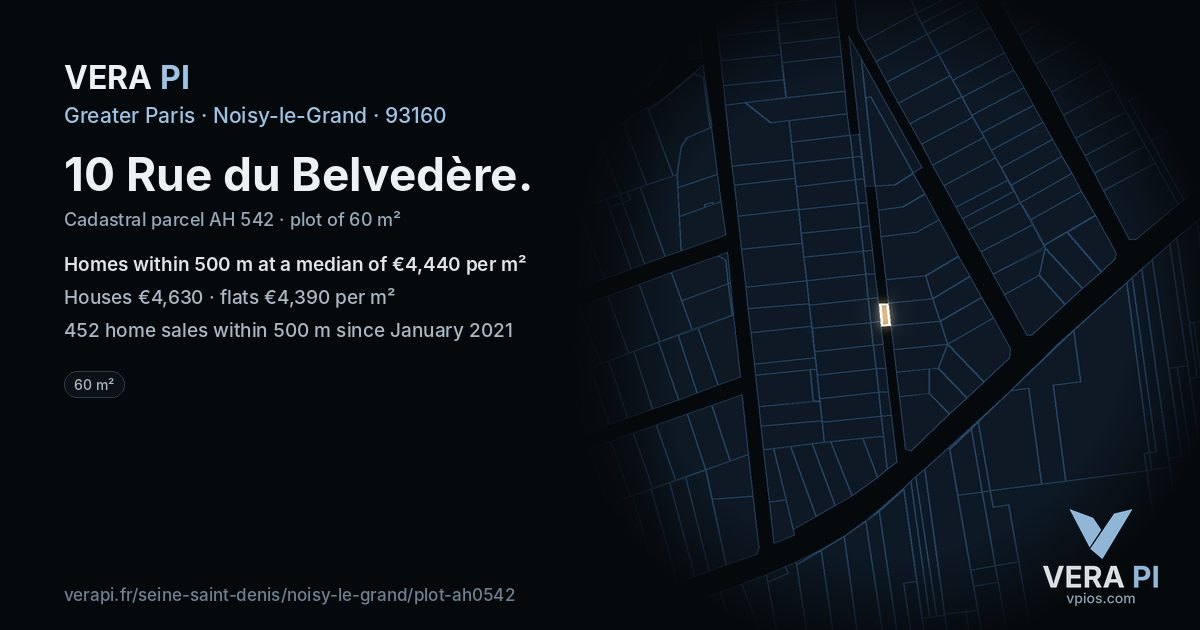 10 Rue du Belvedère, Noisy-le-Grand at night – the plot lit, the parcels around coloured by the prices near them