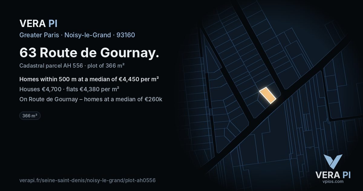 63 Route de Gournay, Noisy-le-Grand at night – the plot lit, the parcels around coloured by the prices near them