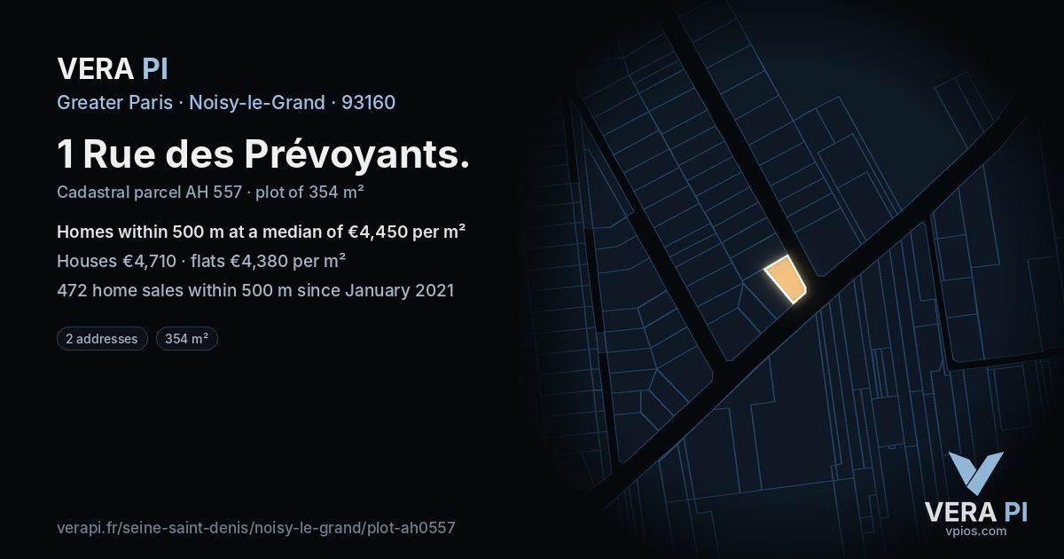 1 Rue des Prévoyants, Noisy-le-Grand at night – the plot lit, the parcels around coloured by the prices near them