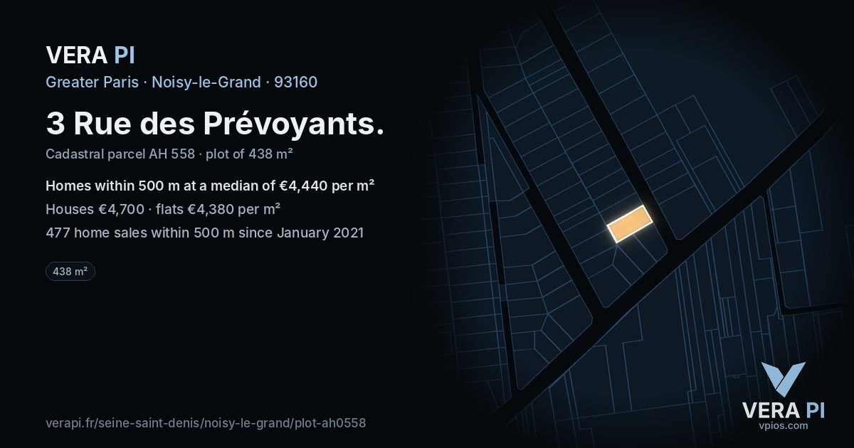 3 Rue des Prévoyants, Noisy-le-Grand at night – the plot lit, the parcels around coloured by the prices near them