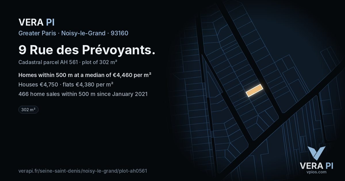 9 Rue des Prévoyants, Noisy-le-Grand at night – the plot lit, the parcels around coloured by the prices near them