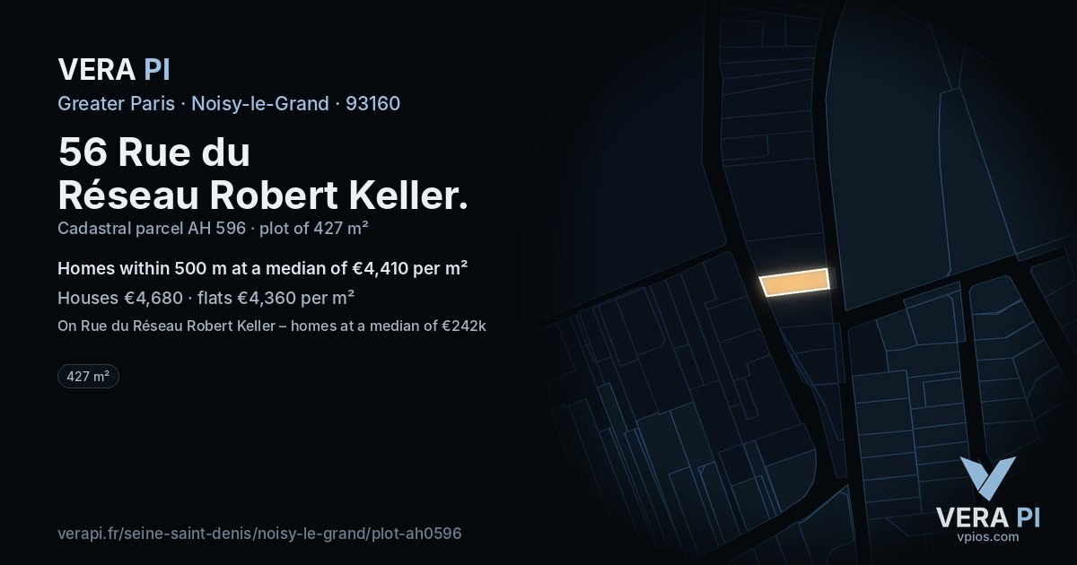 56 Rue du Réseau Robert Keller, Noisy-le-Grand at night – the plot lit, the parcels around coloured by the prices near them