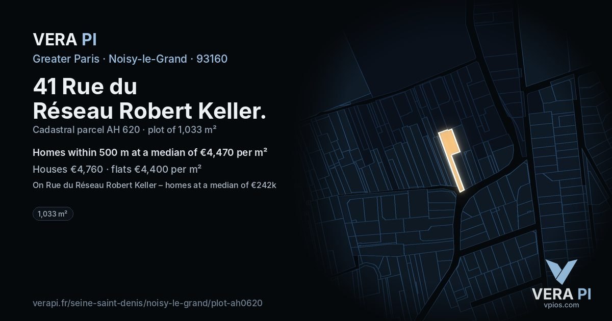 41 Rue du Réseau Robert Keller, Noisy-le-Grand at night – the plot lit, the parcels around coloured by the prices near them