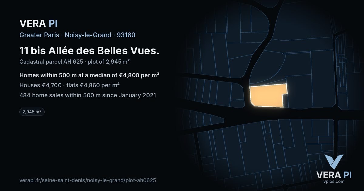 11 bis Allée des Belles Vues, Noisy-le-Grand at night – the plot lit, the parcels around coloured by the prices near them