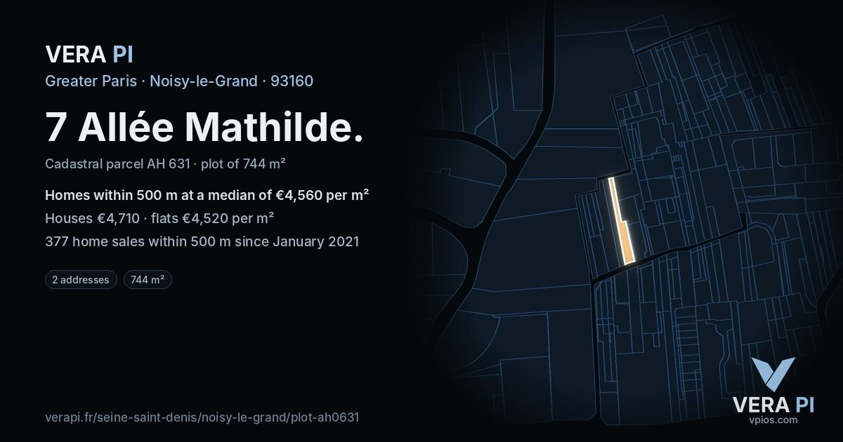 7 Allée Mathilde, Noisy-le-Grand at night – the plot lit, the parcels around coloured by the prices near them