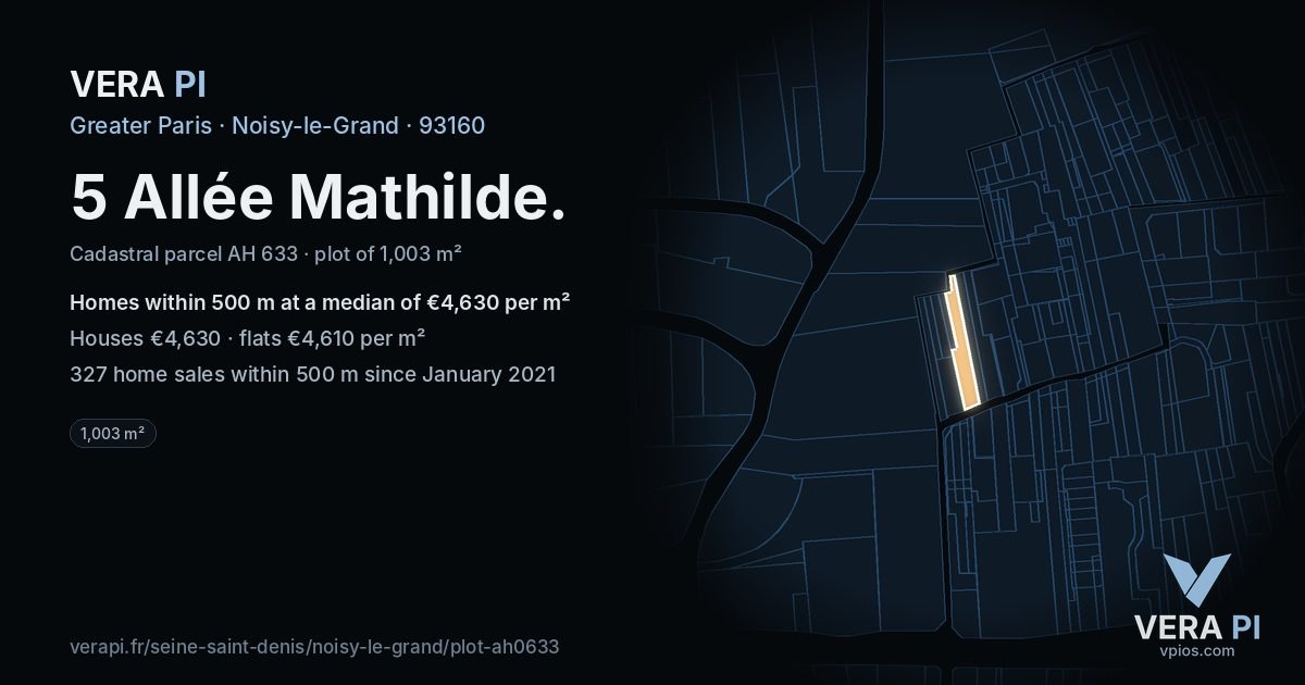 5 Allée Mathilde, Noisy-le-Grand at night – the plot lit, the parcels around coloured by the prices near them