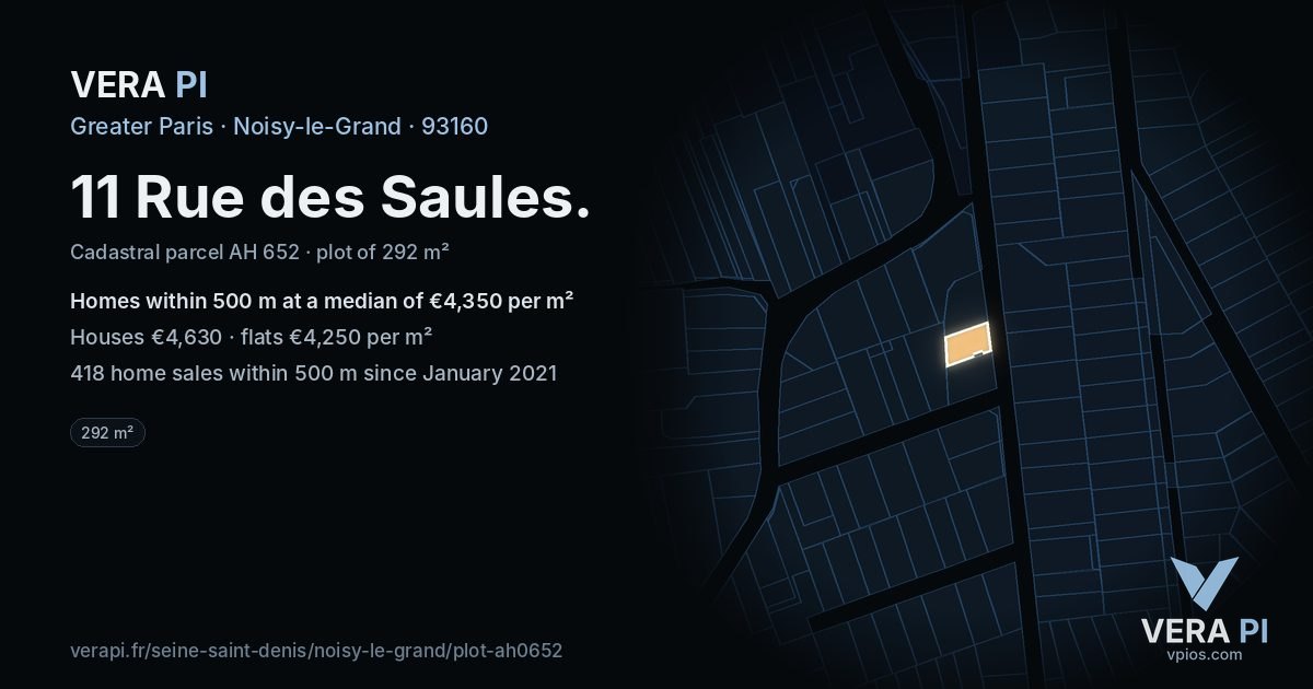 11 Rue des Saules, Noisy-le-Grand at night – the plot lit, the parcels around coloured by the prices near them