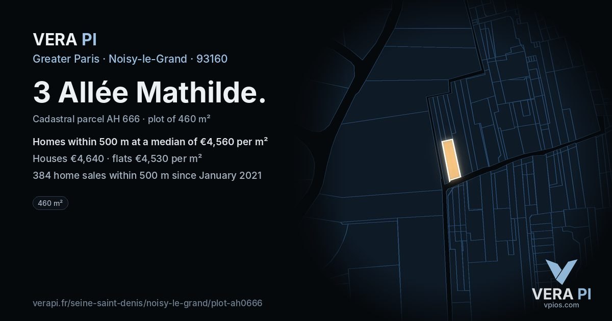 3 Allée Mathilde, Noisy-le-Grand at night – the plot lit, the parcels around coloured by the prices near them