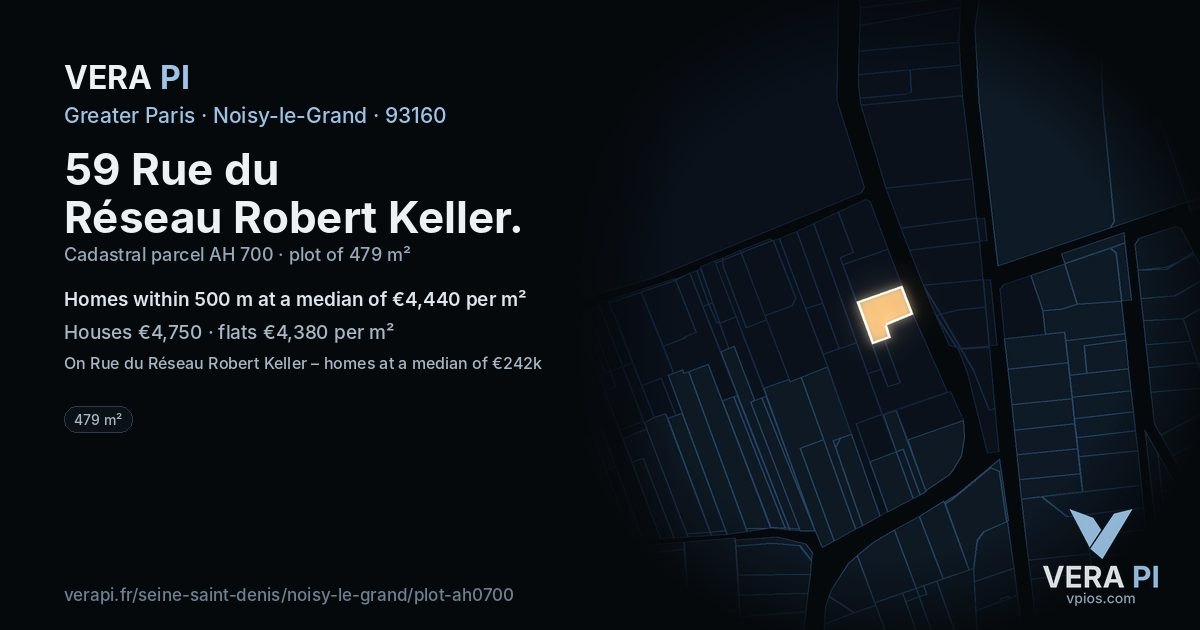 59 Rue du Réseau Robert Keller, Noisy-le-Grand at night – the plot lit, the parcels around coloured by the prices near them