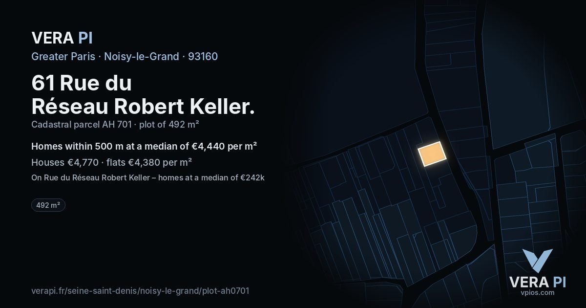 61 Rue du Réseau Robert Keller, Noisy-le-Grand at night – the plot lit, the parcels around coloured by the prices near them