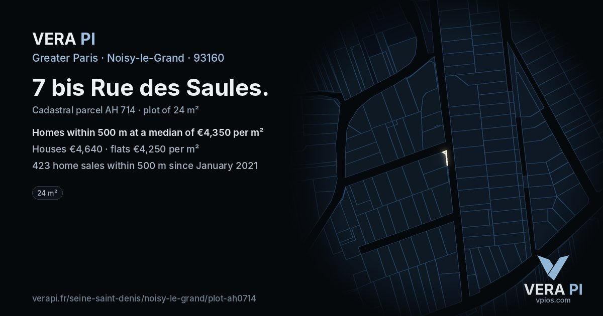 7 bis Rue des Saules, Noisy-le-Grand at night – the plot lit, the parcels around coloured by the prices near them