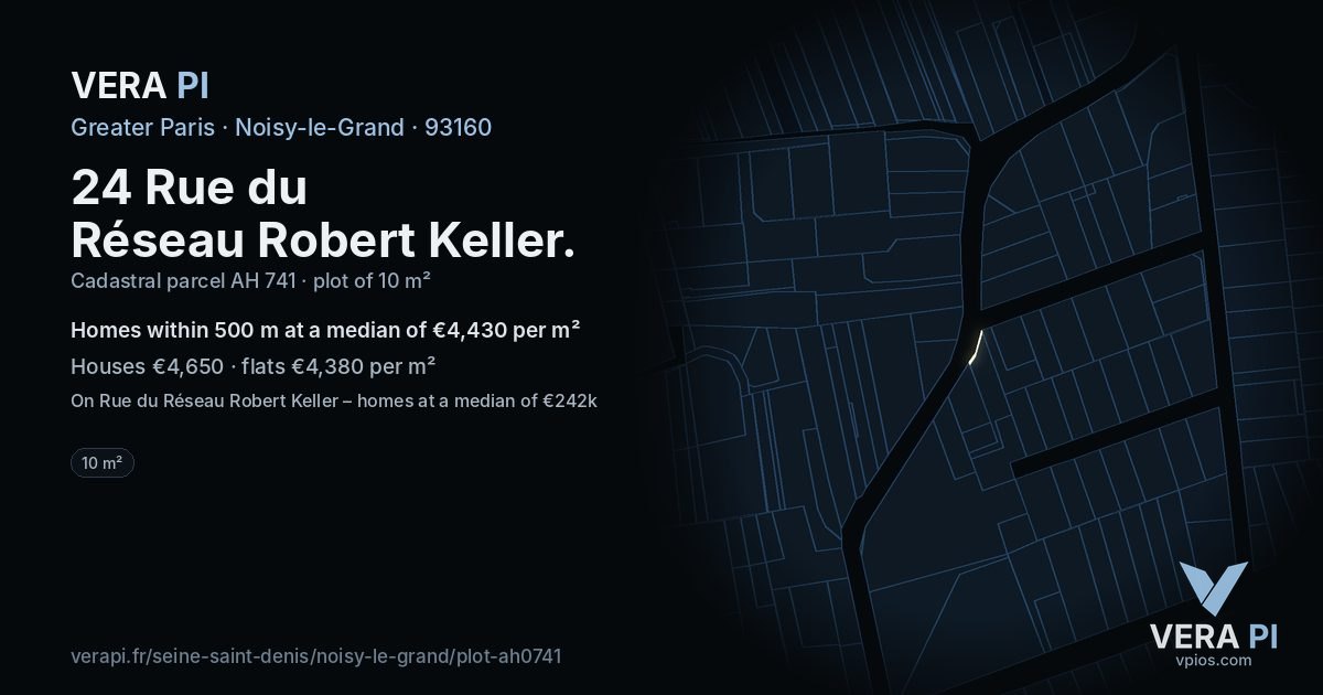 24 Rue du Réseau Robert Keller, Noisy-le-Grand at night – the plot lit, the parcels around coloured by the prices near them