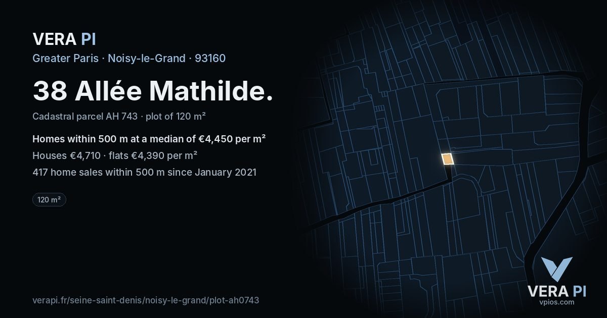 38 Allée Mathilde, Noisy-le-Grand at night – the plot lit, the parcels around coloured by the prices near them