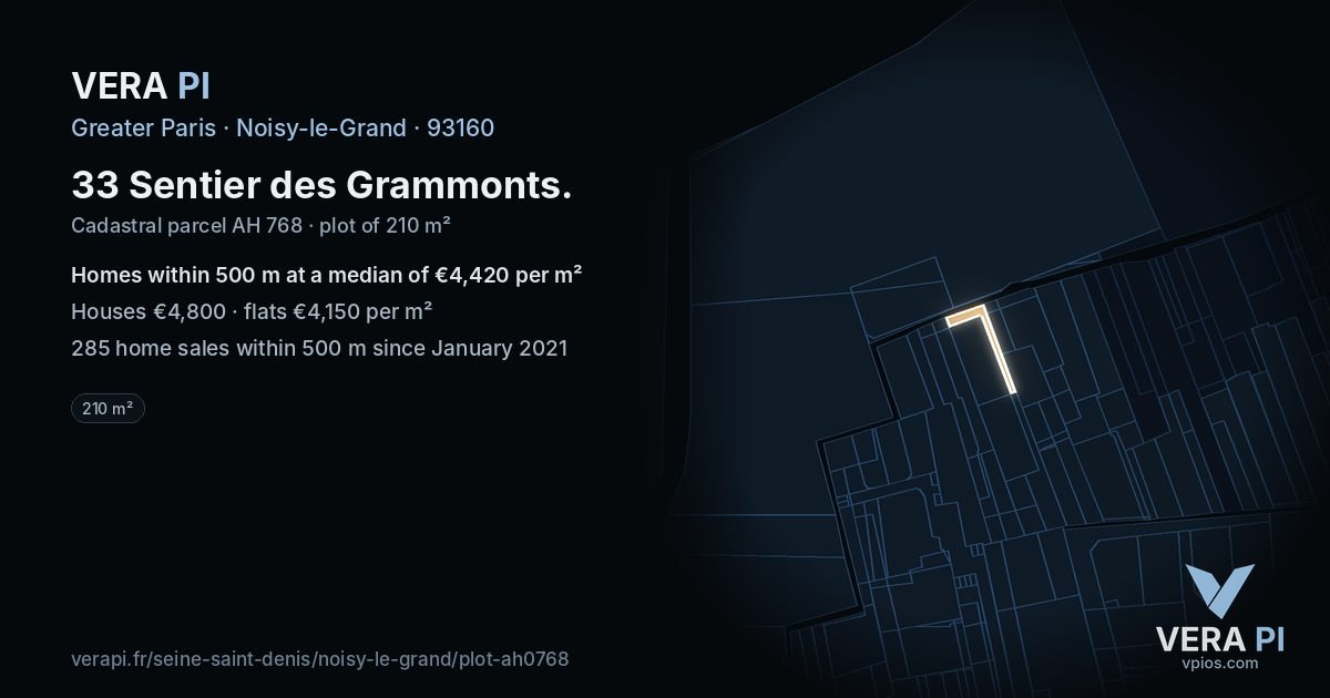 33 Sentier des Grammonts, Noisy-le-Grand at night – the plot lit, the parcels around coloured by the prices near them