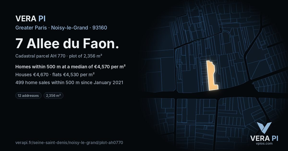 7 Allee du Faon, Noisy-le-Grand at night – the plot lit, the parcels around coloured by the prices near them