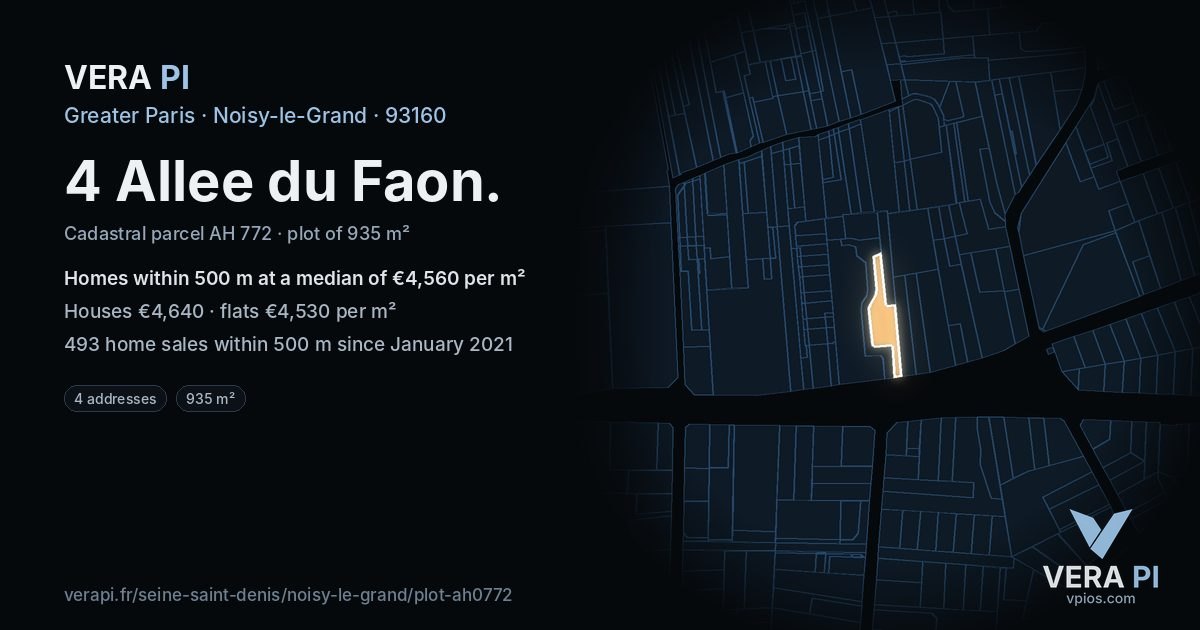 4 Allee du Faon, Noisy-le-Grand at night – the plot lit, the parcels around coloured by the prices near them
