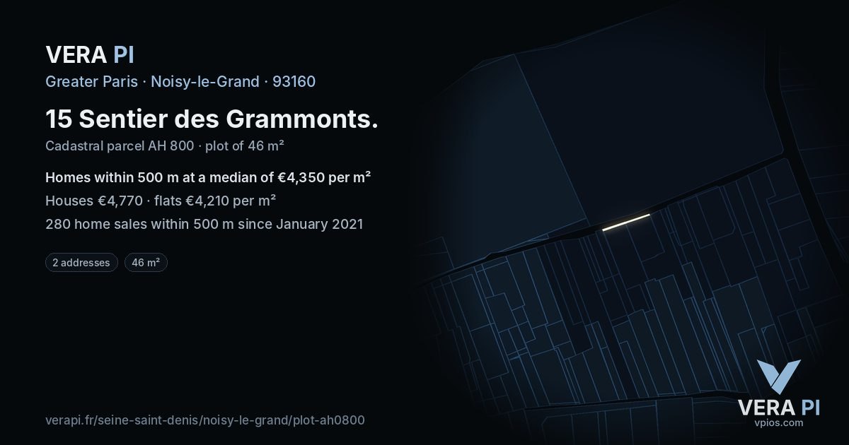 15 Sentier des Grammonts, Noisy-le-Grand at night – the plot lit, the parcels around coloured by the prices near them