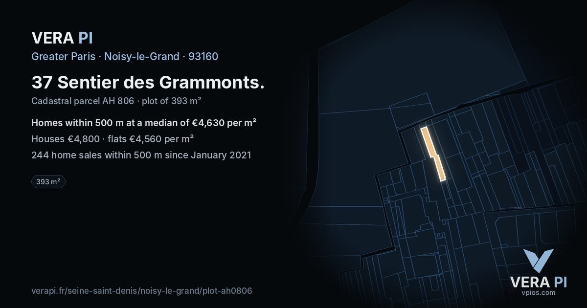 37 Sentier des Grammonts, Noisy-le-Grand at night – the plot lit, the parcels around coloured by the prices near them
