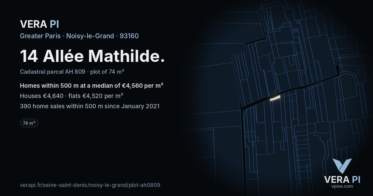 14 Allée Mathilde, Noisy-le-Grand at night – the plot lit, the parcels around coloured by the prices near them