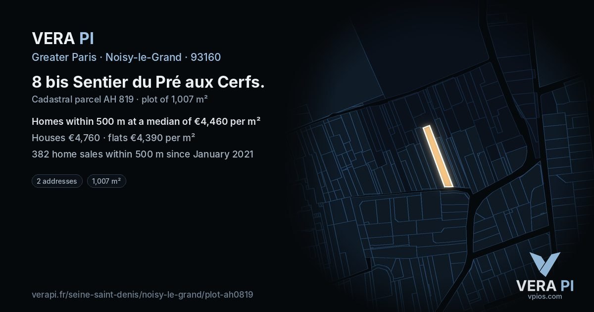 8 bis Sentier du Pré aux Cerfs, Noisy-le-Grand at night – the plot lit, the parcels around coloured by the prices near them