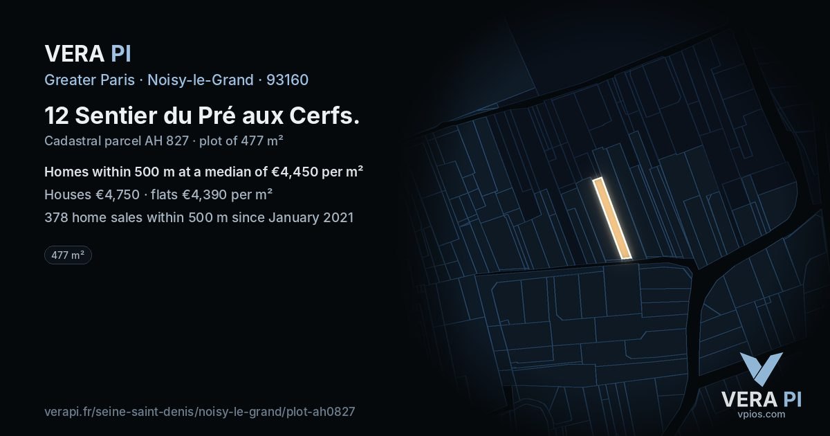 12 Sentier du Pré aux Cerfs, Noisy-le-Grand at night – the plot lit, the parcels around coloured by the prices near them