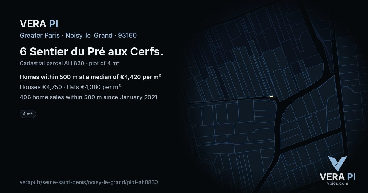 6 Sentier du Pré aux Cerfs, Noisy-le-Grand at night – the plot lit, the parcels around coloured by the prices near them