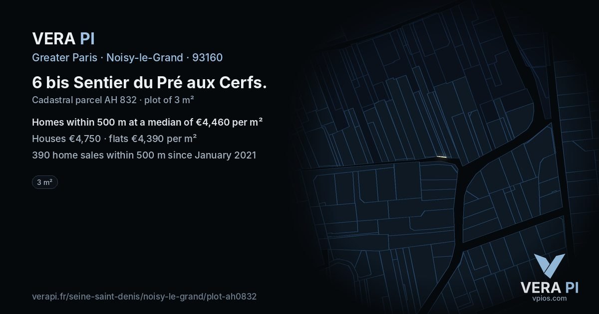 6 bis Sentier du Pré aux Cerfs, Noisy-le-Grand at night – the plot lit, the parcels around coloured by the prices near them
