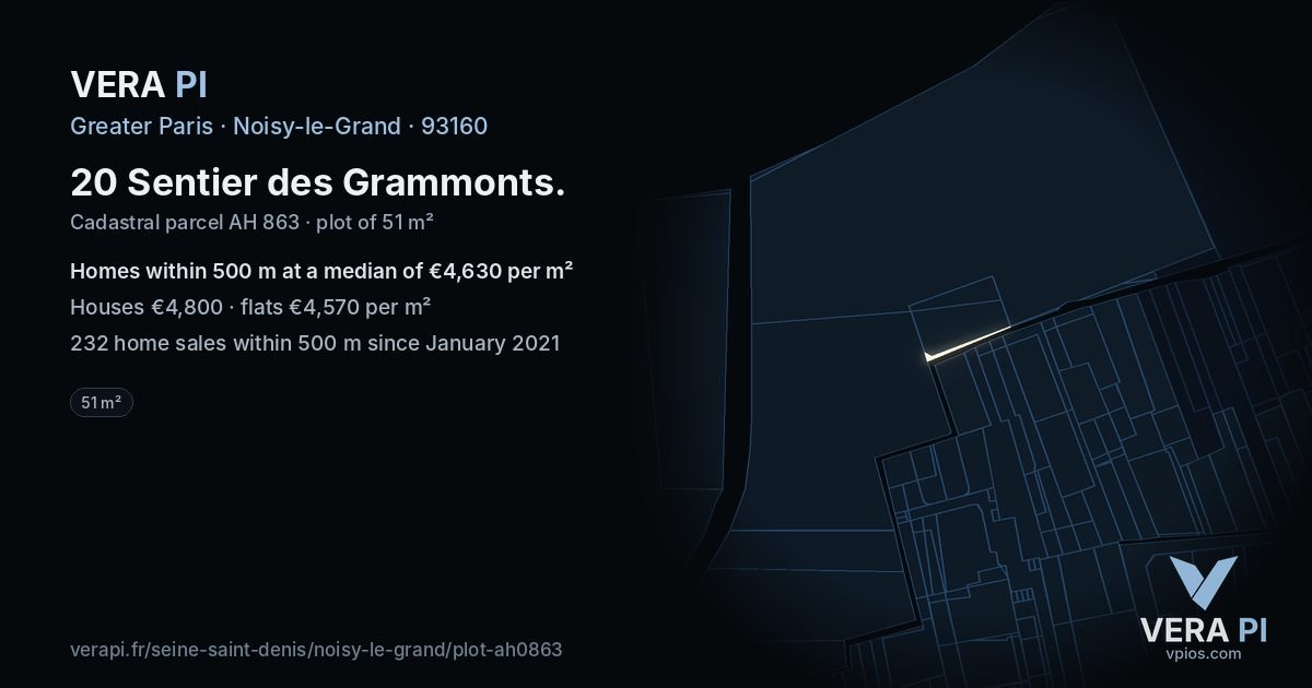 20 Sentier des Grammonts, Noisy-le-Grand at night – the plot lit, the parcels around coloured by the prices near them