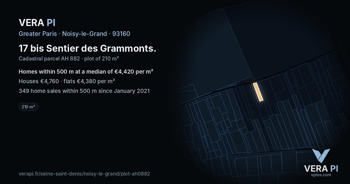 17 bis Sentier des Grammonts, Noisy-le-Grand at night – the plot lit, the parcels around coloured by the prices near them