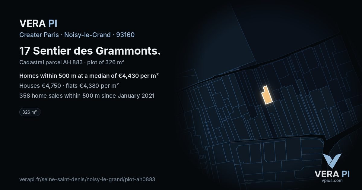 17 Sentier des Grammonts, Noisy-le-Grand at night – the plot lit, the parcels around coloured by the prices near them