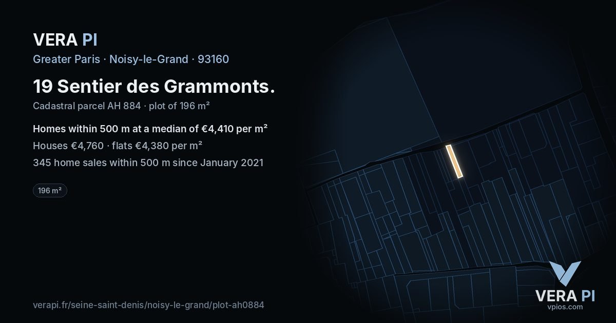 19 Sentier des Grammonts, Noisy-le-Grand at night – the plot lit, the parcels around coloured by the prices near them