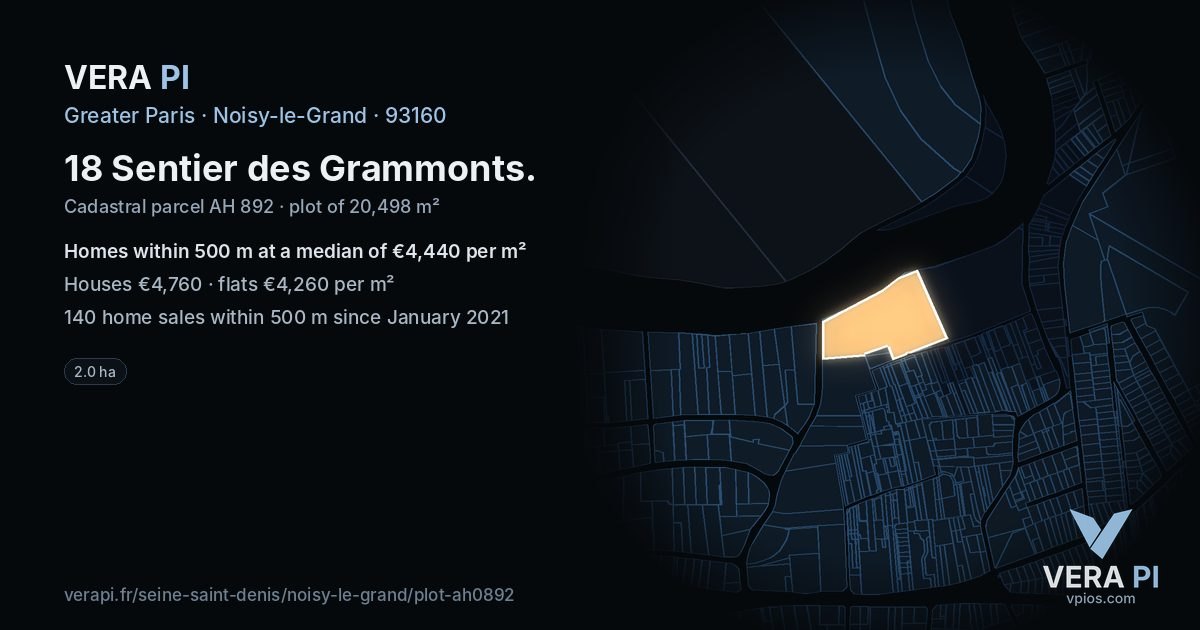 18 Sentier des Grammonts, Noisy-le-Grand at night – the plot lit, the parcels around coloured by the prices near them